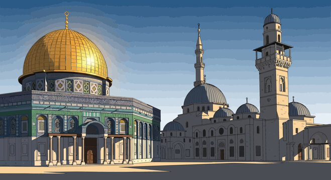 Iconic Golden Dome of the Rock and Al-Aqsa Mosque complex in Jerusalem, showcasing Islamic architecture