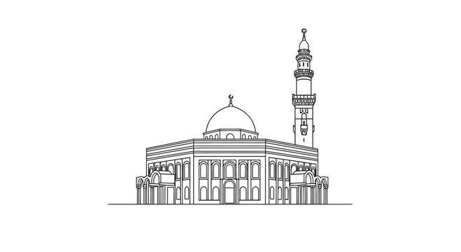 Elegant line art illustration of a classical mosque with a prominent minaret and dome, representing Islamic architecture and cultural heritage in a minimalist vector style for graphic design projects