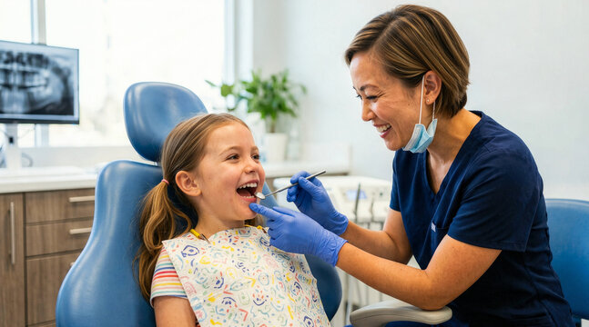 Female dentist examining young girl's teeth in dental chair. Smiling child during dental checkup in clinic. Pediatric dentistry concept