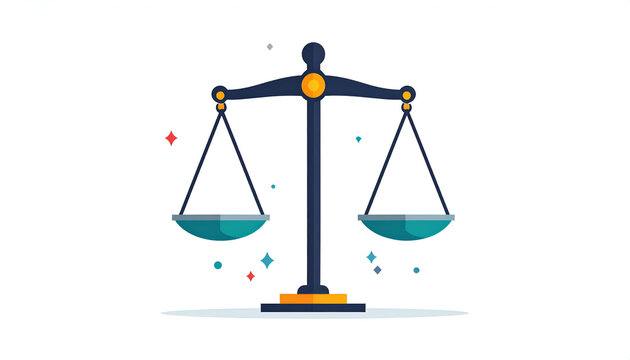 Blue and gold scales of justice symbol in balance on a white background design