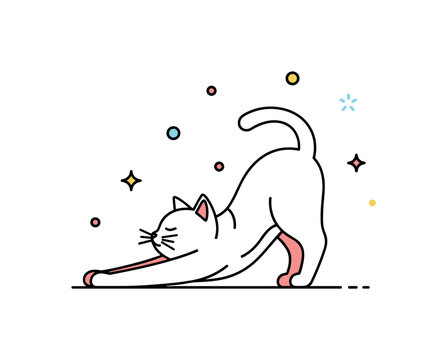 Cat stretching routine showing a relaxed cat arching its back while waking from a nap. The scene represents everyday feline behavior and the comfort of a calm
