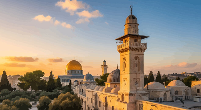 Majestic Dome of the Rock and Al-Aqsa Mosque in Jerusalem at Sunrise, a Sacred Islamic Landmark