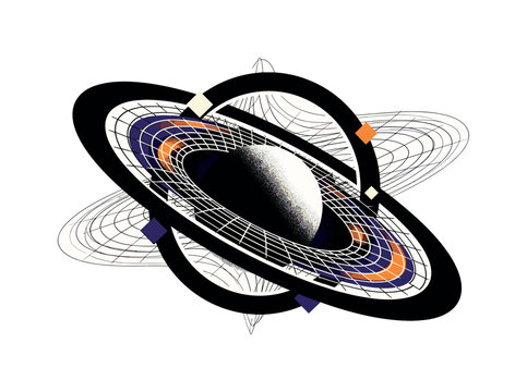 black and white stylized spacetime fabric with a heavy sphere creating a deep curve, cut-out collage elements with white outline, bold circular rings and