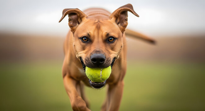 Joyful Hound's Fetch: A spirited dog bounds forward, its eyes sparkling with delight as it carries a tennis ball, showcasing pure canine joy.