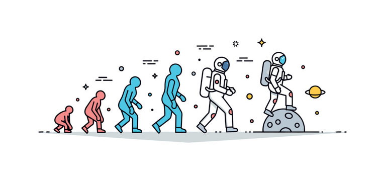 Human progress toward the cosmos evolutionary silhouettes leading to an astronaut stepping onto a small planetary surface. Concept expressing humanity?s long
