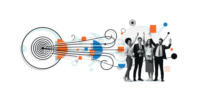 team celebrating brand launch, geometric lines circles and abstract blocks symbolizing success and growth, black and white retro realistic figures layered with