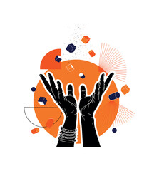 Fototapeta premium conceptual Holi celebration with black and white hands throwing gulal powder upward, cut-out hands with white contour outline, large orange circle behind