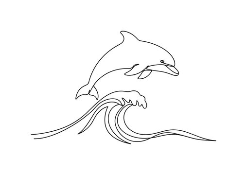Playful Dolphin. Minimalistic one-line drawing dolphin jumping near waves in playful motion, continuous single black line on white background, simple outline