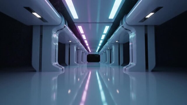 A futuristic corridor with sleek white walls and ceiling illuminated by neon blue and purple lights reflected on a shiny floor leading to a distant room in a dark space.
