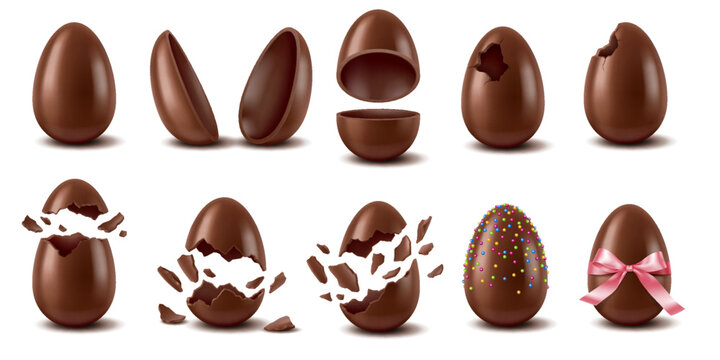 Collection of chocolate eggs shown whole, halved, and broken with various decorations including colorful sprinkles and a pink ribbon, illustrating festive variations.