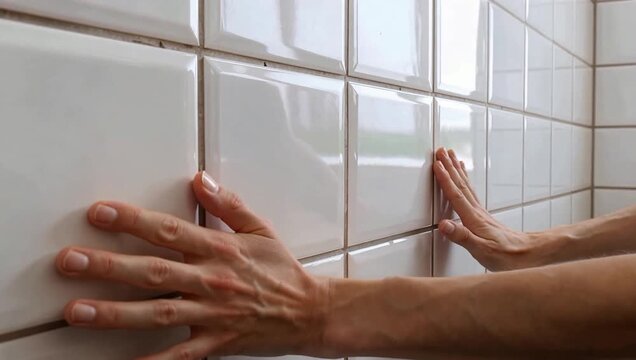 Hands cleaning white tiled wall with sponge close up.