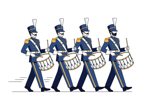 Four drummers in uniform marching in a line.