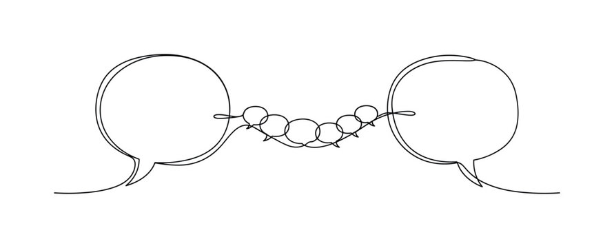 Connecting Thoughts. Minimalistic one-line drawing series of small speech bubbles linking two larger bubbles like a bridge, continuous single black line on