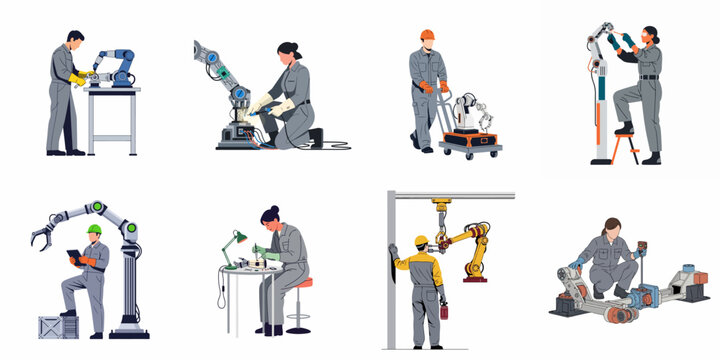 Flat vector illustrations of male and female engineers and technicians working with advanced robotic machinery and automation systems.