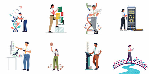 Fototapeta premium Collection of scientists and researchers working with DNA models, digital data, and advanced laboratory technology in modern biotechnology concepts.