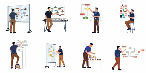Fototapeta premium Collection of illustrations depicting a male professional creating flowcharts, managing business workflows, and strategizing processes in various office scenarios.