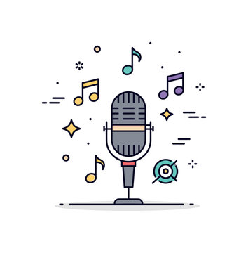 Band vocal tryout concept centered on a microphone surrounded by floating music notes and a tiny star accent. Lively musical illustration symbolizing