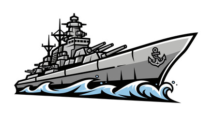Stylized cartoon battleship illustration sailing on blue waves with an anchor on the bow, depicting naval power. © morph