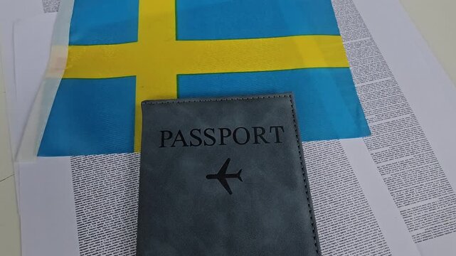 Flag of Sweden displayed with text papers on a table during an art project session in a bright room today