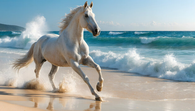 Majestic white horse galloping on sunlit beach with ocean waves and clear blue sky