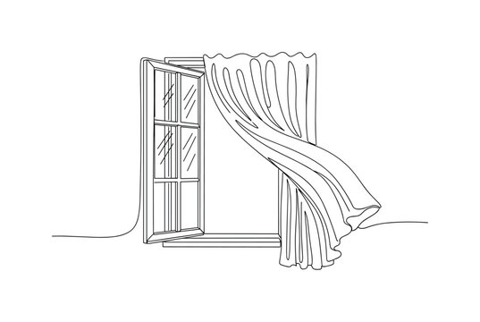 Window Light Tranquility. Minimalistic one-line drawing open window with flowing curtain bringing calm light into a quiet room, continuous single black line on