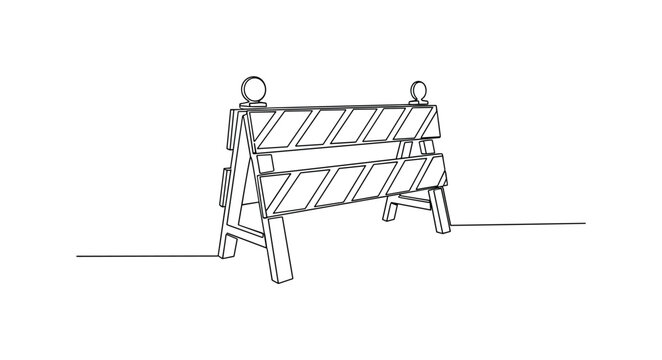 Street Construction Barricade. Minimalistic one-line drawing barricade placed across street for maintenance or construction, continuous single black line on
