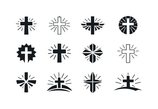 church festivals. Icon set. Set Logo of church festivals: cross with rays. harmonious logo variations of the same emblematic concept, each with different