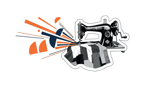 black and white sewing machine creating a garment from recycled fabric pieces, white contour outline around machine and cloth, geometric semicircles and long