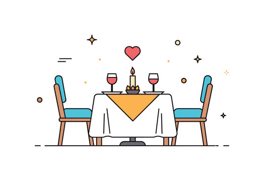 Date night dinner illustrated by a cozy table with two chairs, a candle centerpiece, and a small heart icon above. Warm romantic visual capturing connection,
