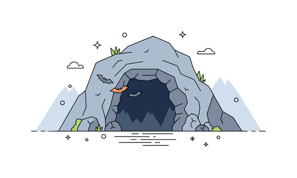 Cave entrance rocky opening in a stylized mountain with soft shadows inside the cavern and small bats flying near the entrance suggesting mystery and