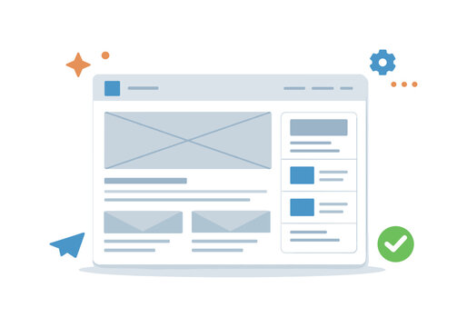 Website wireframe blocks showing a clean page layout with structured rectangles for header, content, and sidebar, communicating clarity, planning, and early