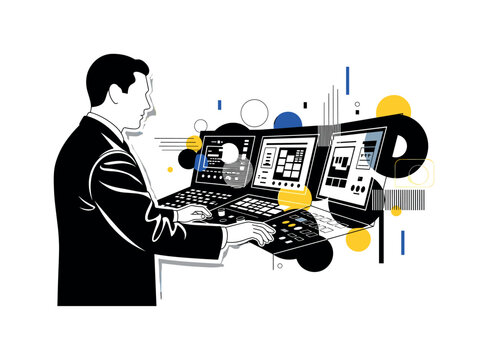 operator silhouette managing control panel abstract circles lines and geometric shapes representing human-machine interface black and white retro human figure
