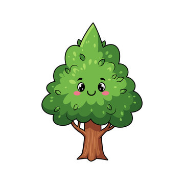 A cartoon tree with a smiling face and rosy cheeks