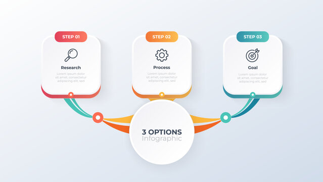 Modern 3 options business infographic template with connected workflow diagram, three step process cards, strategy presentation layout and minimal corporate data visualization.