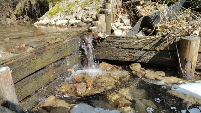 Woda wypływająca spomiędzy drewnianych belek, mały leśny strumień w naturalnym otoczeniu.