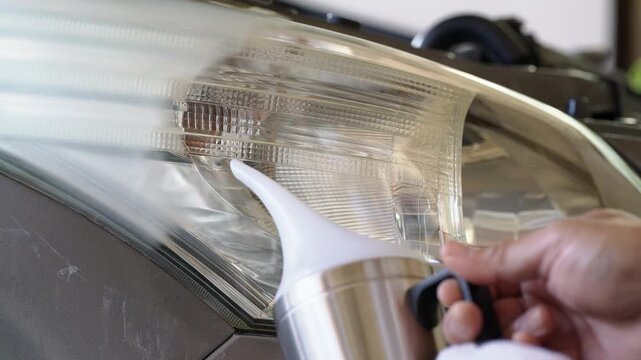 Professional technician restoring cloudy car headlight using chemical steam oxidation removal process in an automotive repair shop.