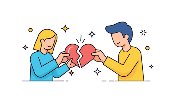 Healing emotional wounds person carefully placing the two halves of a heart together while gentle sparkles symbolize recovery and resilience. Positive visual