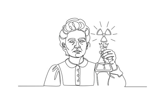 Scientific Innovators. Minimalistic one-line drawing Marie Curie holding a flask with radiation symbol representing her research in radioactivity, continuous
