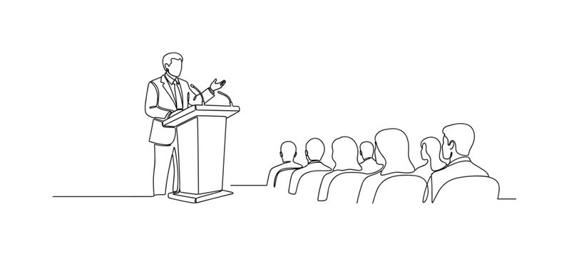 Justice Speech Event. Minimalistic one-line drawing podium with speaker addressing audience about equality and justice, continuous single black line on white