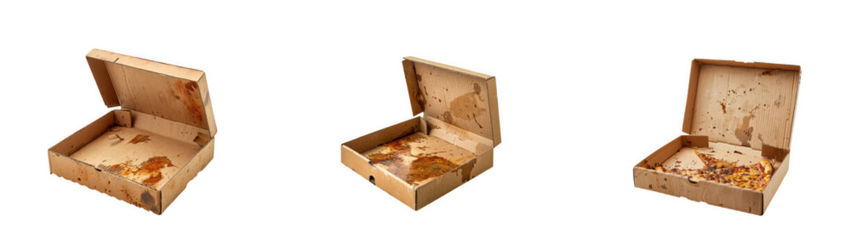 Empty open cardboard pizza box, delivered food packaging as isolated on transparent background