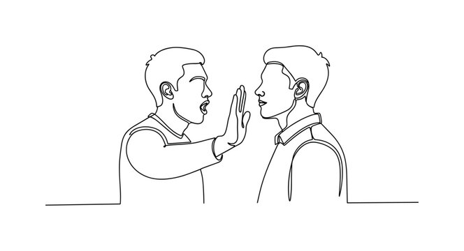 Communicating Needs. Minimalistic one-line drawing person speaking to partner with hand gesture indicating their personal limits, continuous single black line