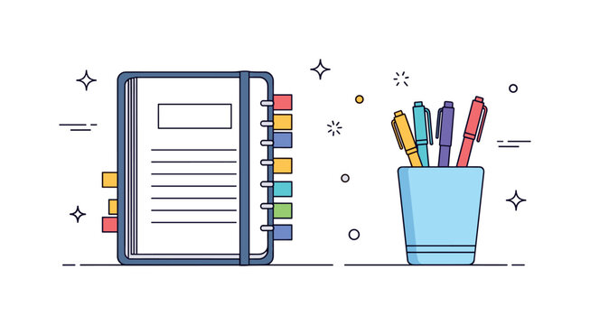 Productive desk planning scene featuring a planner notebook with small sticky note tabs along the edge and a cup holding colorful pens. Calm everyday routine