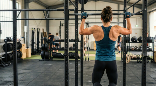 Back view of a muscular woman doing pull ups in a gym. Athletic female training for strength and fitness. Determination and healthy lifestyle concept