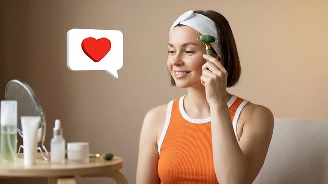 Woman practicing facial massage with jade roller and heart icon, representing self-care and beauty routine