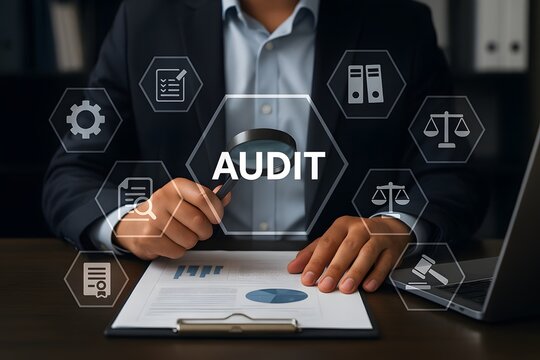 Meticulous auditor meticulously examines business documents with a magnifying glass, focusing on the essential "audit" process surrounded by relevant icons.