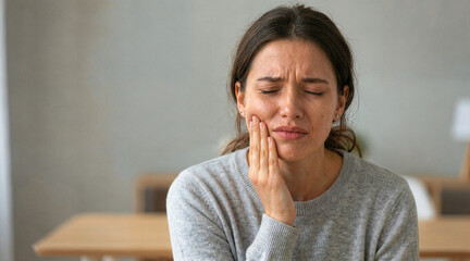 Obraz premium Young woman suffering from severe toothache holding her jaw. Facial pain and dental health problems. Person in distress at home