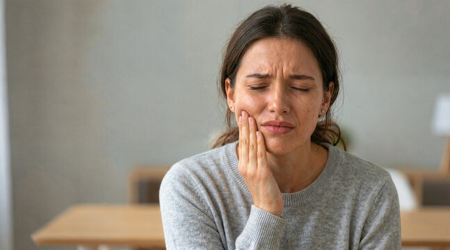 Young woman suffering from severe toothache holding her jaw. Facial pain and dental health problems. Person in distress at home