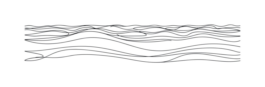 Calm Sea Ripple Waves. Minimalistic one-line drawing gentle ocean ripples forming layered wave patterns across the sea surface, continuous single black line on
