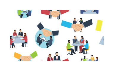 Fototapeta premium successful business networking seamless pattern, repeating pattern, surface design, textile print, modern illustration of meetings, handshakes, laptops, and
