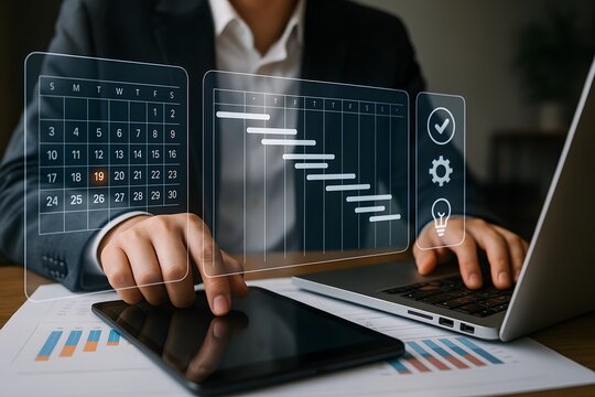 Professional is meticulously managing a project using a holographic calendar and gantt chart, visualizing task timelines and scheduling on a laptop for efficient workflow.
